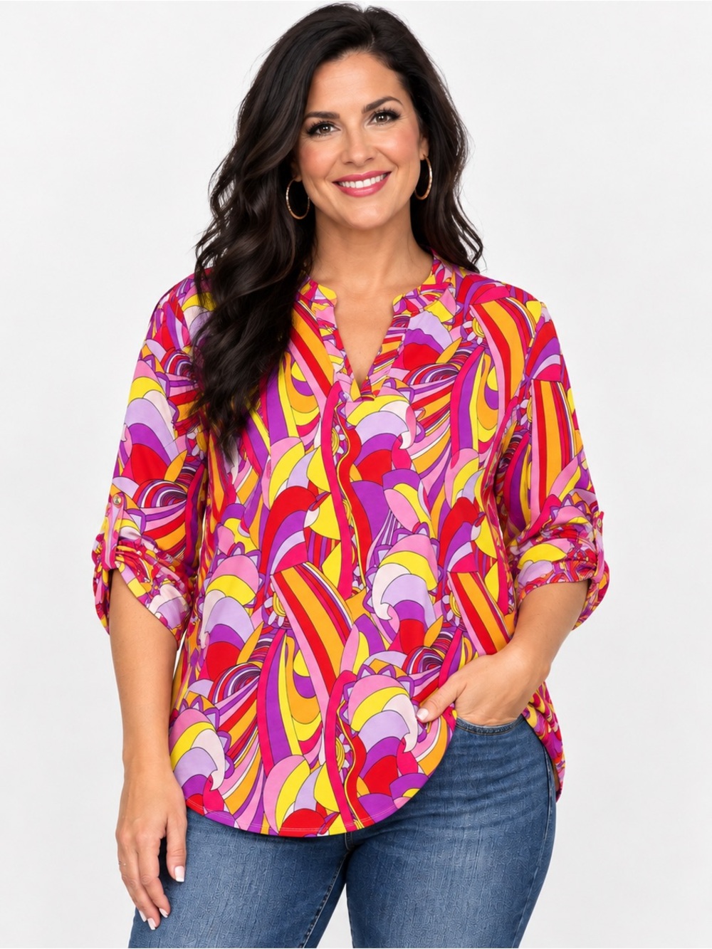 Dear Scarlett Abstract Print Blouse XL NWT Colorful Stretch Top